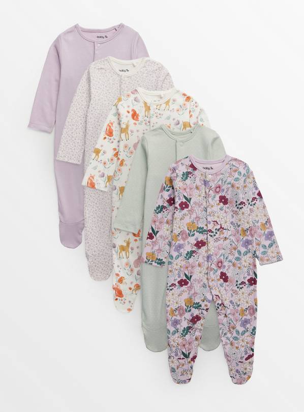 Lilac Woodland Floral Print Sleepsuits 5 Pack 12-18 months